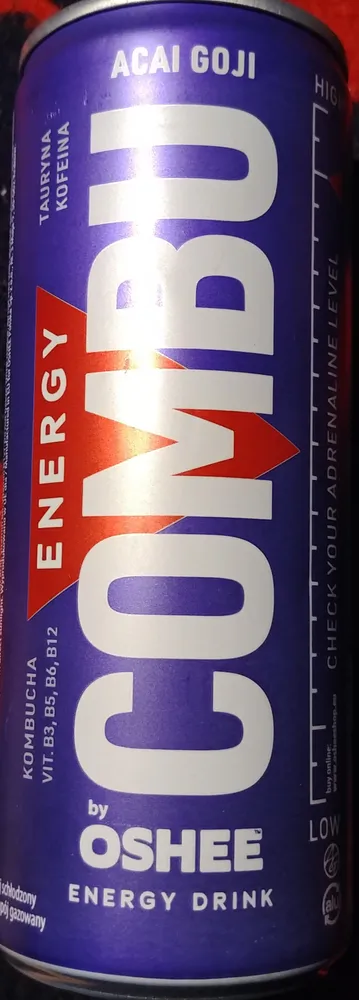 Gazowany napój energetyczny o smaku jagód acai-goji z dodatkiem witamin, kofeiny, tauryny, kombuchy.