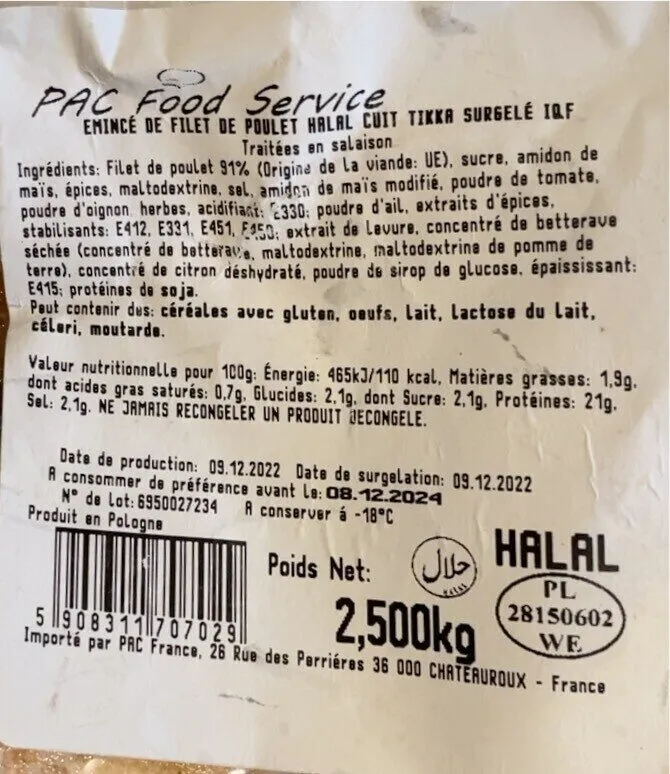 Émincé de poulet tikka halal