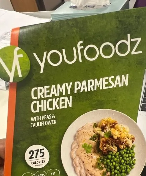 Creamy Parmesan chicken  with peas & cauliflower