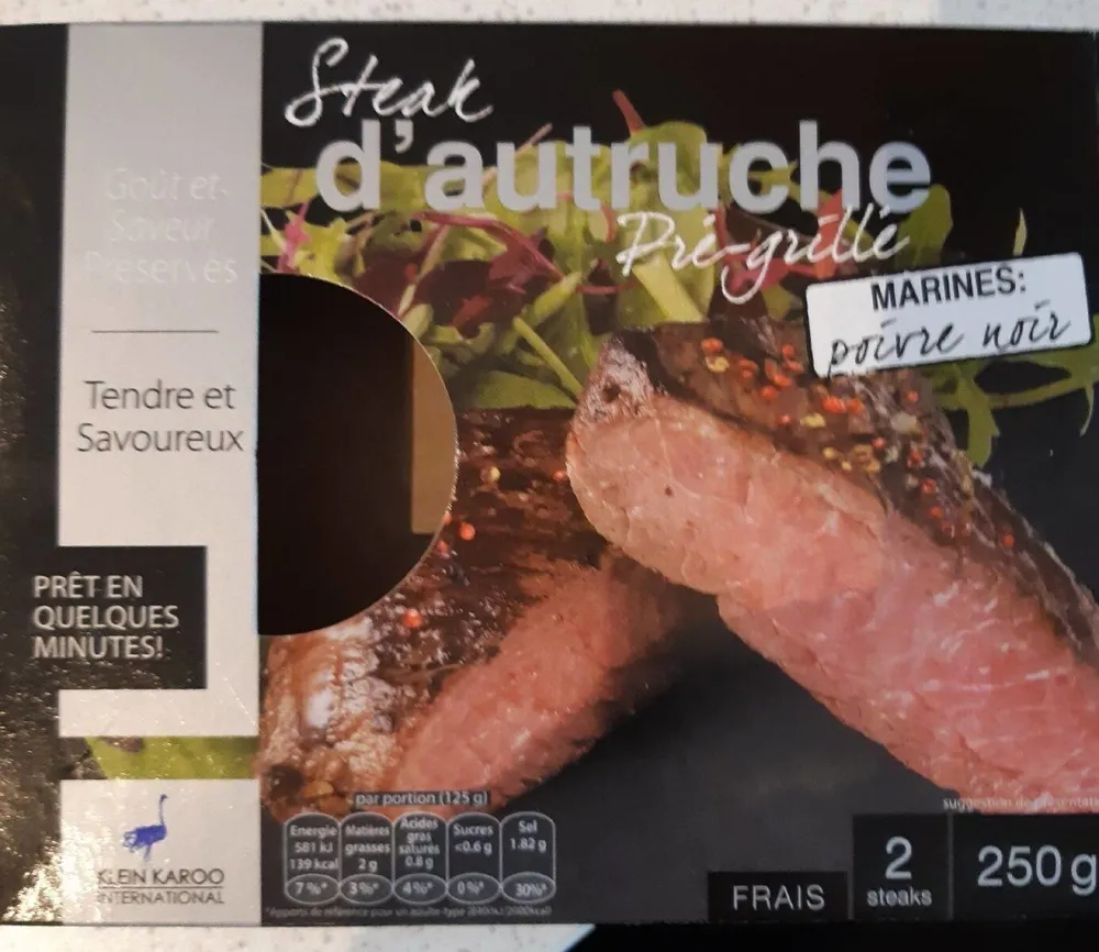 Steak d'autruche pré grillé, marinés poivre noir