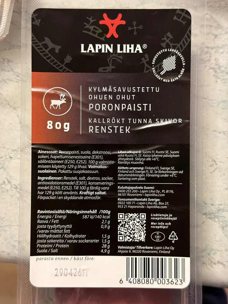 Kylmäsavustettu ohuen ohut poronpaisti
