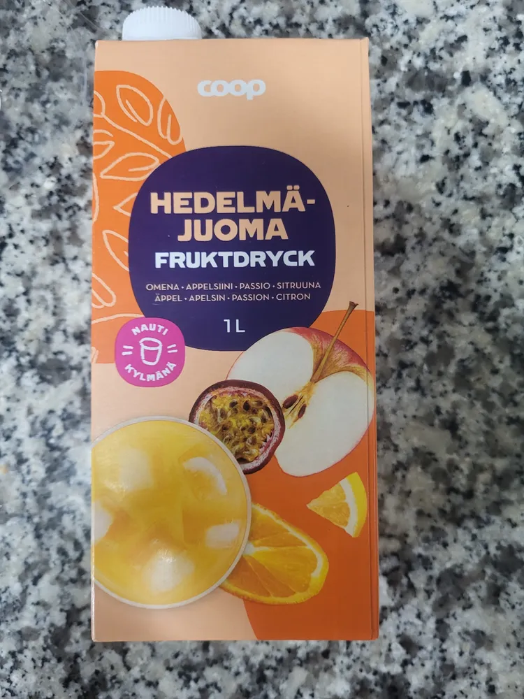Hedelmä-juoma fruktdryck, omena-appelsiini-passion-sitruuna