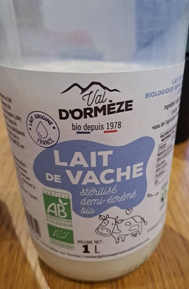 Lait de vache stérilisé demi écrémé bio