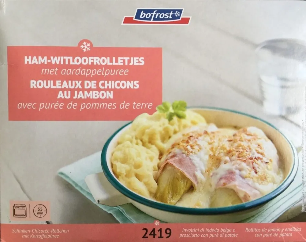 Ham-witloofrolletjes met aardappelpuree