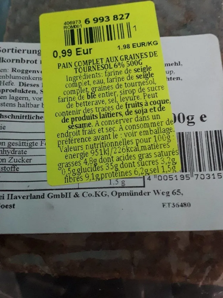 Pain complet aux graines de tournesol