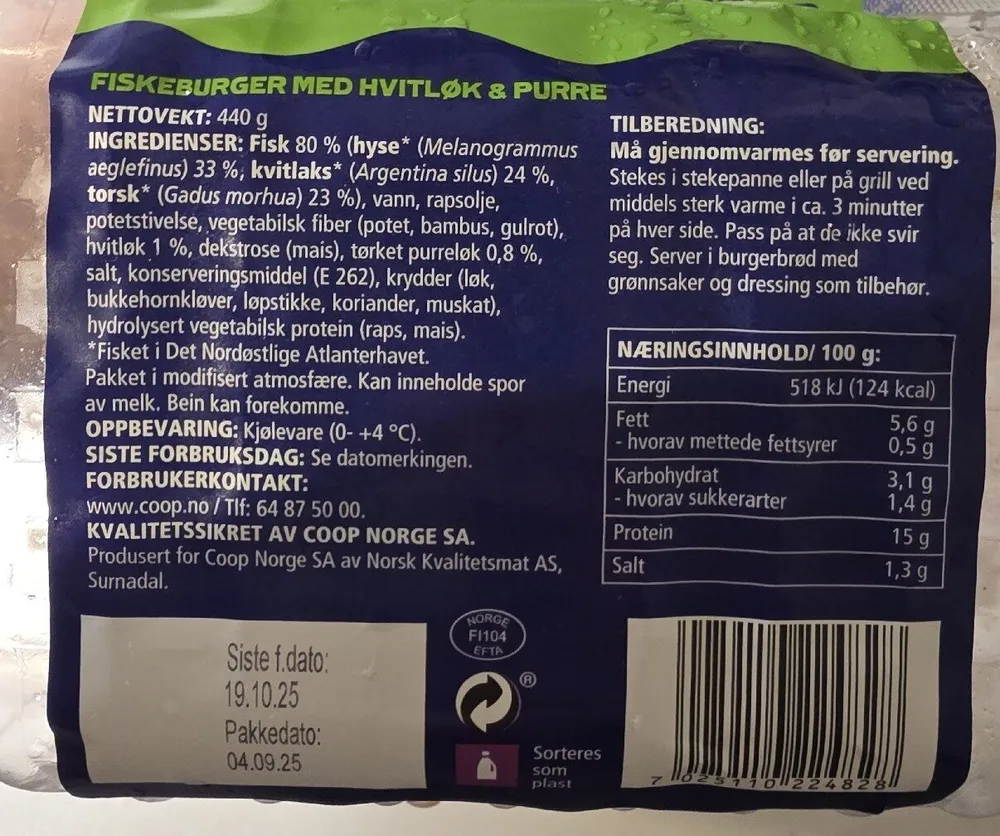 Fiskeburger Hvitløk Og Purre 80%
