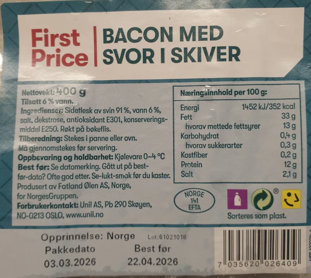 Bacon med svor i skiver
