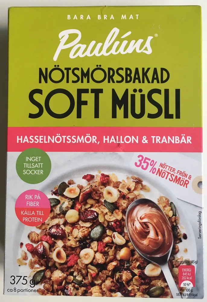 Paulúns Nötsmörsbakad Soft Müsli – hasselnötssmör, hallon och tranbär