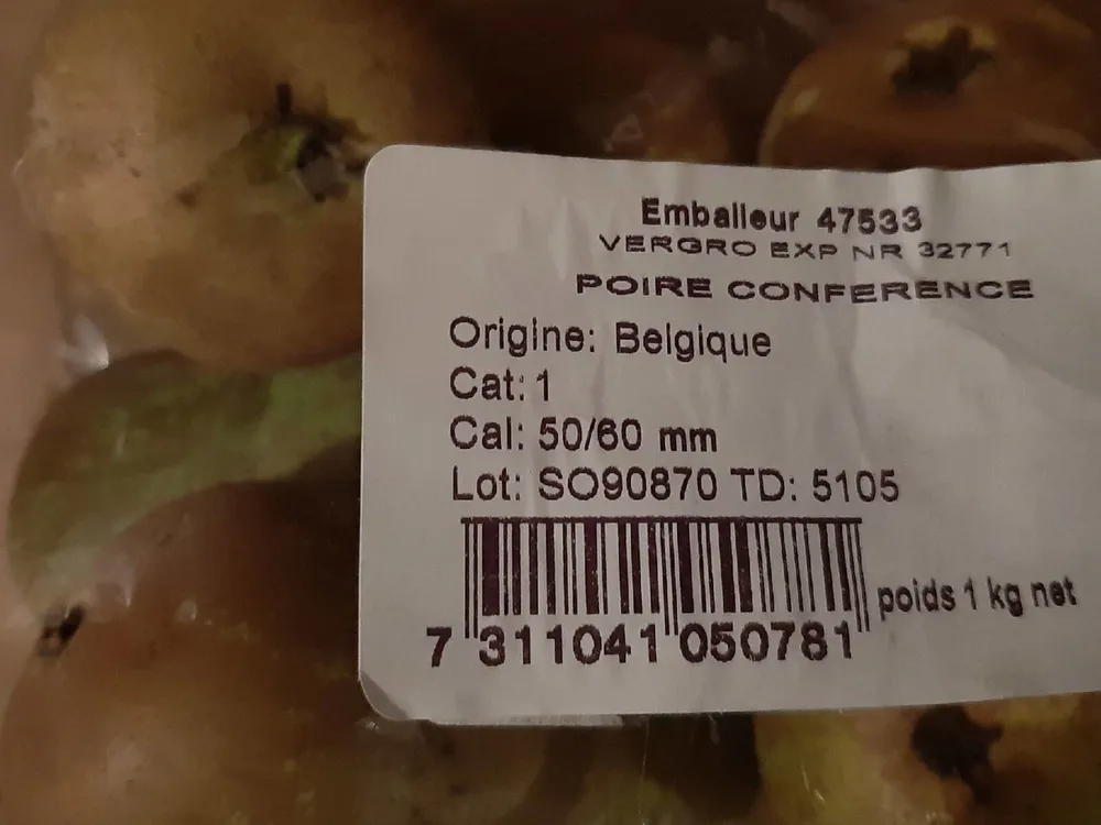 Poire conférence origine Belgique-poids 1kg