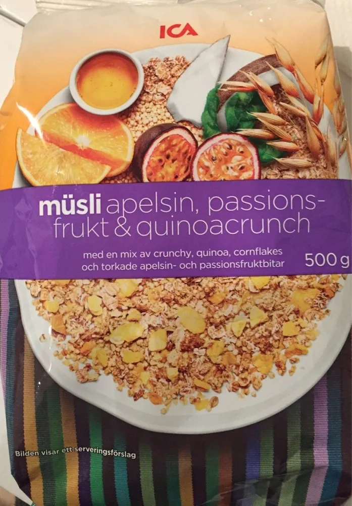 Müsli apelsin passions frukt quinoacrunch