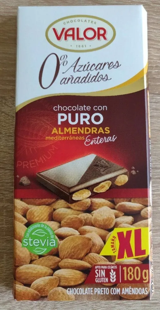 Chocolate puro con almendras mediterráneas 0% azúcares añadidos