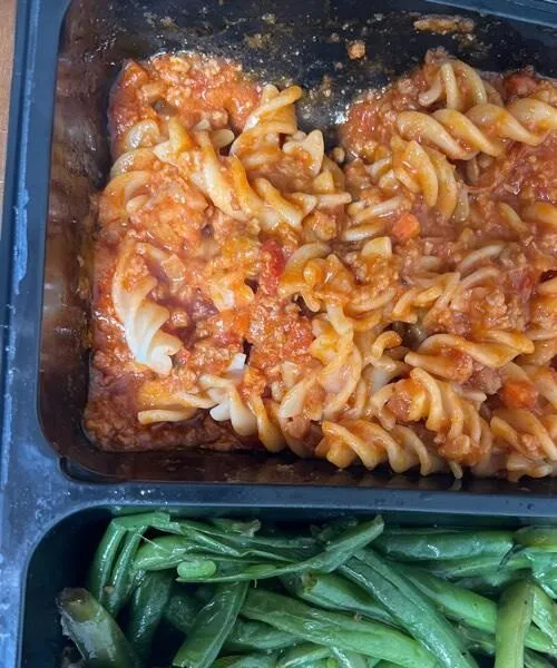 Fusilli & Ground Pork Tomato Ragu with Roasted Green Beans