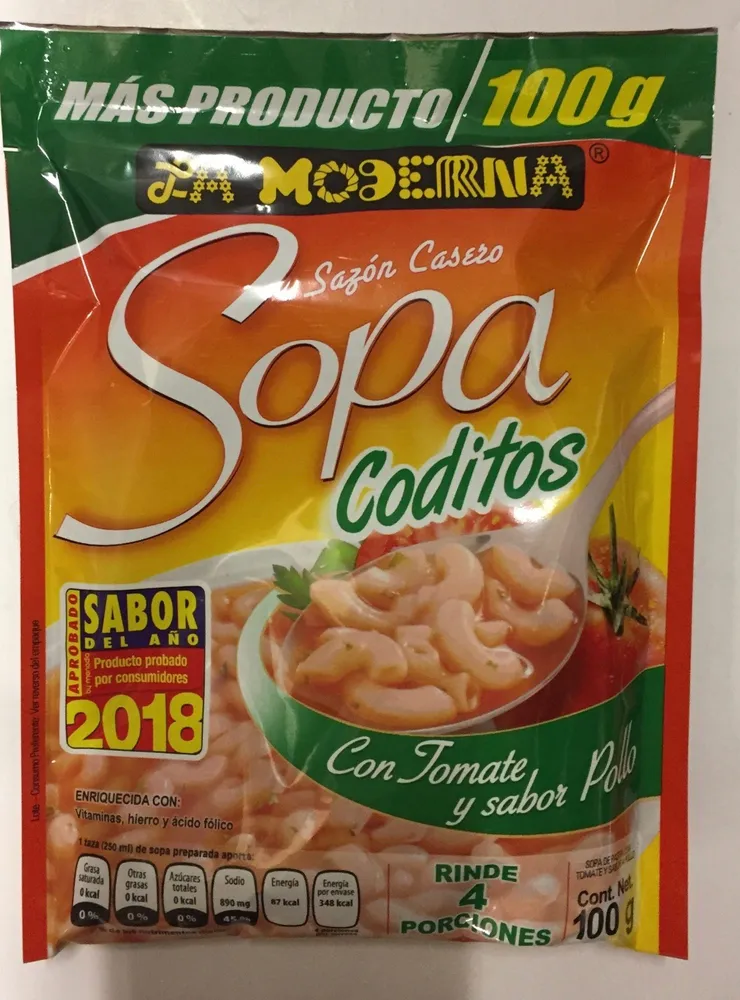 sopa coditos con tomate y sabor pollo