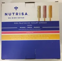 Mini paletas de yogurt griego sabores Moras, frea y mango Nutrisa