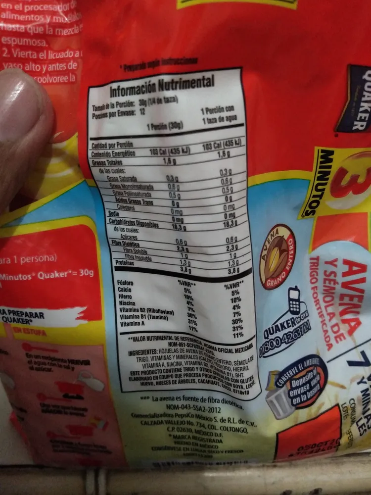 Avena Quaker 3 Minutos con sémola