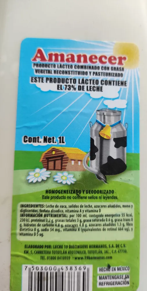 Producto Lácteo con grasa vegetal reconstituido y pasteurizado