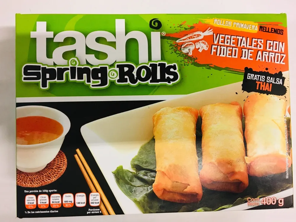 Rollos primavera rellenos de vegetales con fideo de Arroz, Tashi Spring Roles