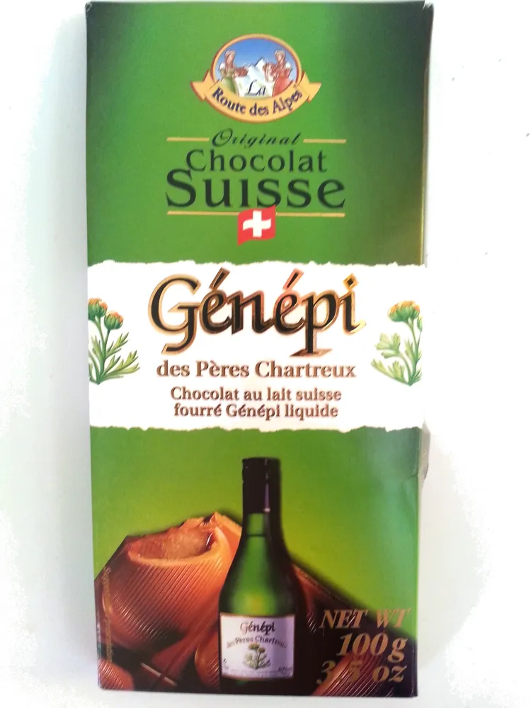 Chocolat au lait suisse fourré Génépi liquide