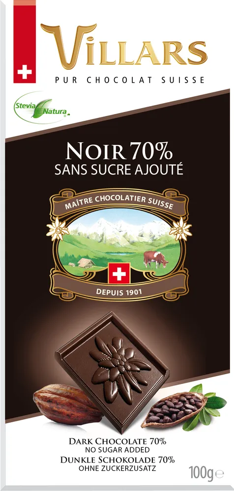 Chocolat Villars Noir 70% Sans sucre ajouté 100g