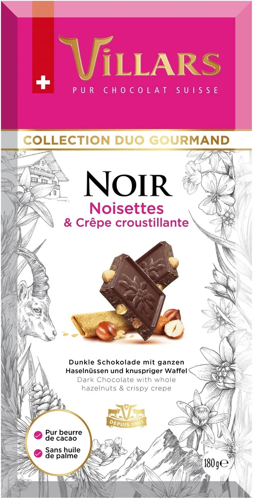Chocolat Villars Noir Noisettes et Crêpe Croustillante 180g