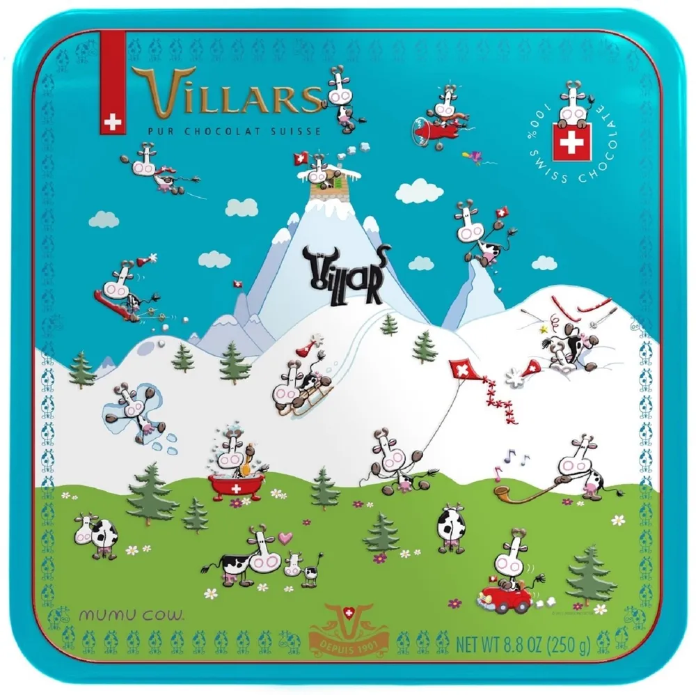 Boîte Métal Assortiment Papillotes Pralinés Suisse Mumu Cow Villars 250g