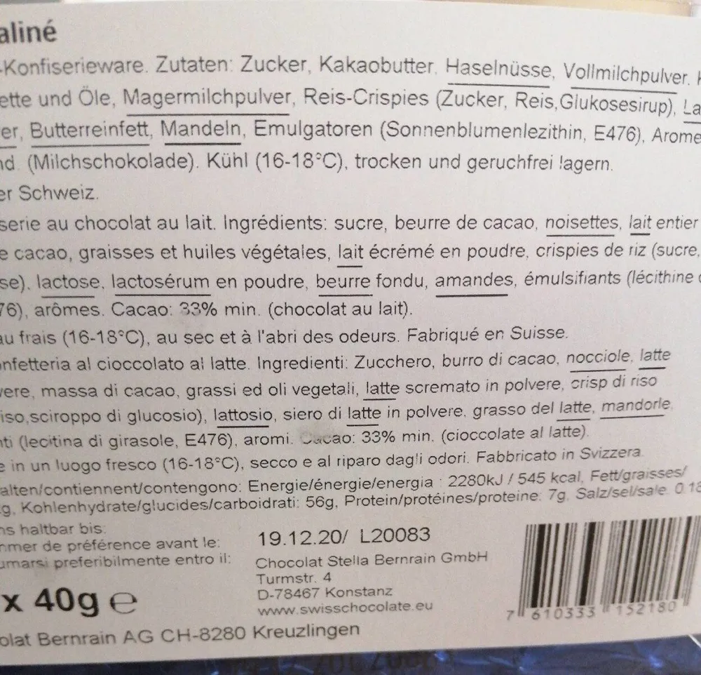 Chocolat Bernrain 40 GR, 30 Pièces