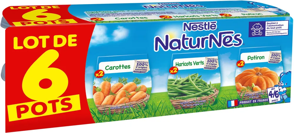 NESTLE NATURNES Carottes,Haricots Verts,Potiron-6x130g-Dès4/6 mois