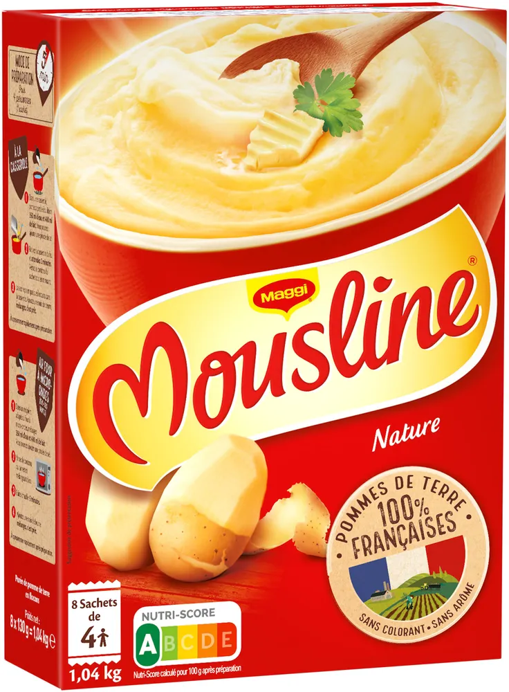 MOUSLINE Purée Nature, 8 sachets pour 4 personnes (8x130g)