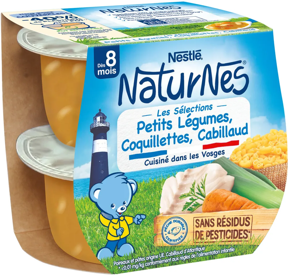 NESTLE NATURNES Les Sélections Ptits Légumes, Coquillettes, Cabillaud-2x200g-Dès 8mois