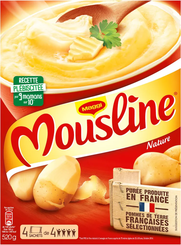 MOUSLINE Purée Nature, 4 sachets pour 4 personnes (4x130g)