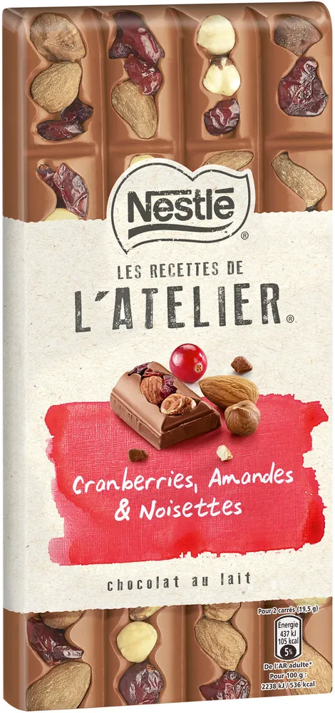 NESTLE L'ATELIER Chocolat au Lait, Cranberries, Amandes et Noisettes