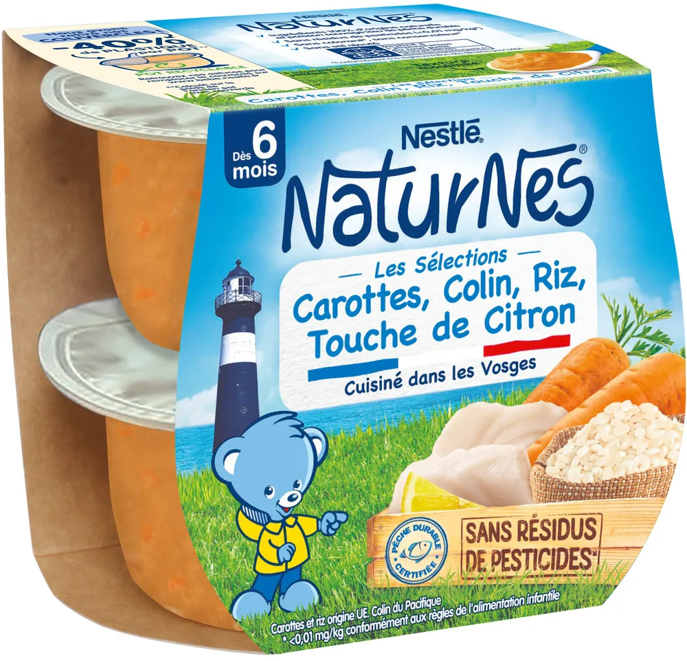 NESTLE NATURNES Les Sélections Petits Pots Bébé Carottes, Colin, Riz touche de citron -2x200g -Dès 6 mois