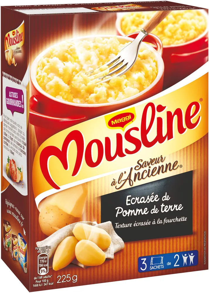 MOUSLINE Purée Saveur à l'Ancienne Ecrasée Pomme de Terre, 3 sachets pour 2 personnes (3x75g)
