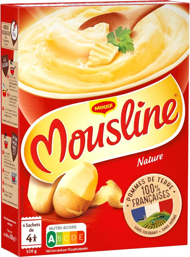 MOUSLINE Purée Nature, 4 sachets pour 4 personnes (4x130g)