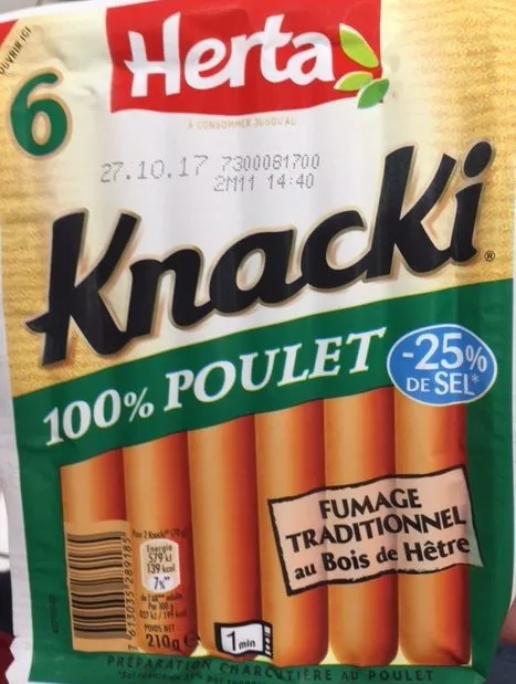 Knacki 100% poulet -25% de sel