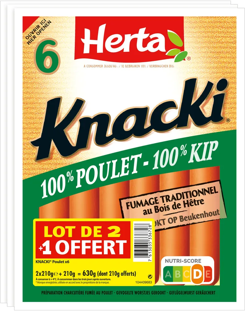 HERTA KNACKI Saucisses 100% Poulet x6 LOT 2+1