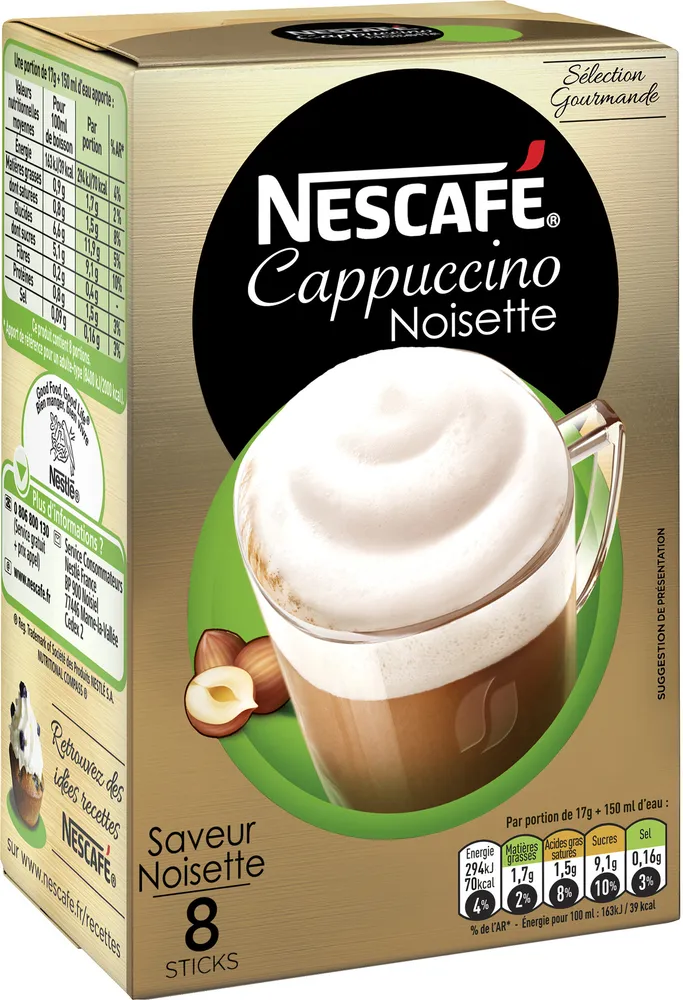 NESCAFE Cappuccino Noisette, Café soluble, Boîte de 8 sticks