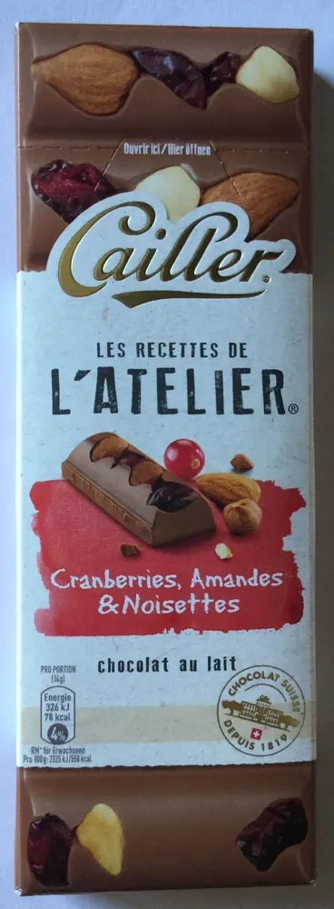 Chocolat au lait cranberries, amandes et noisettes