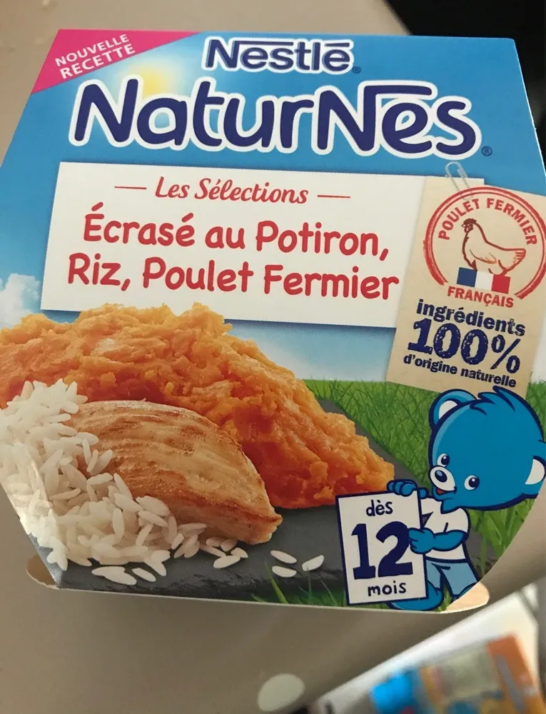 Plats bébé 12 mois, écrasé potiron riz poulet Naturnes