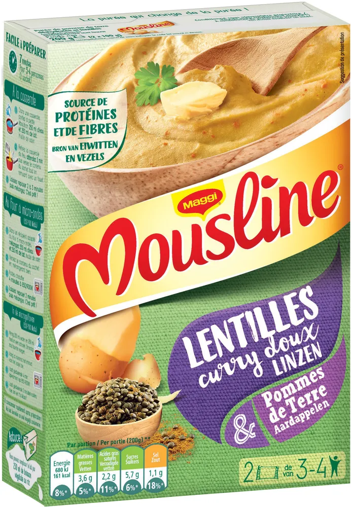 Purée lentilles, curry doux et pommes de terre