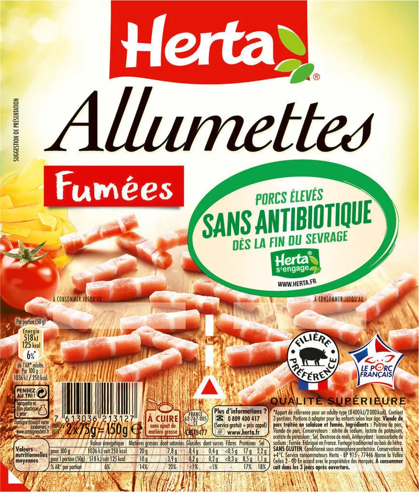 HERTA Lardons allumettes fumés sans antibiotique