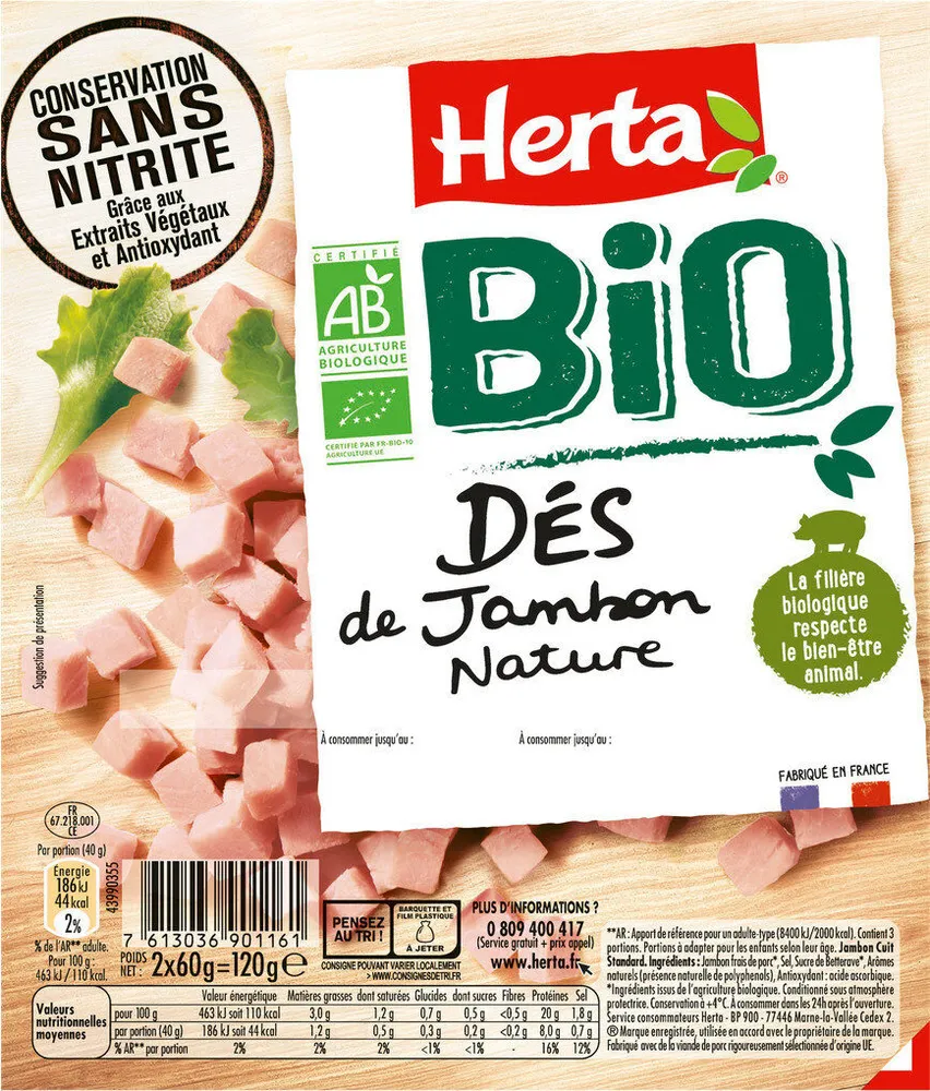 Dés de jambon nature BIO