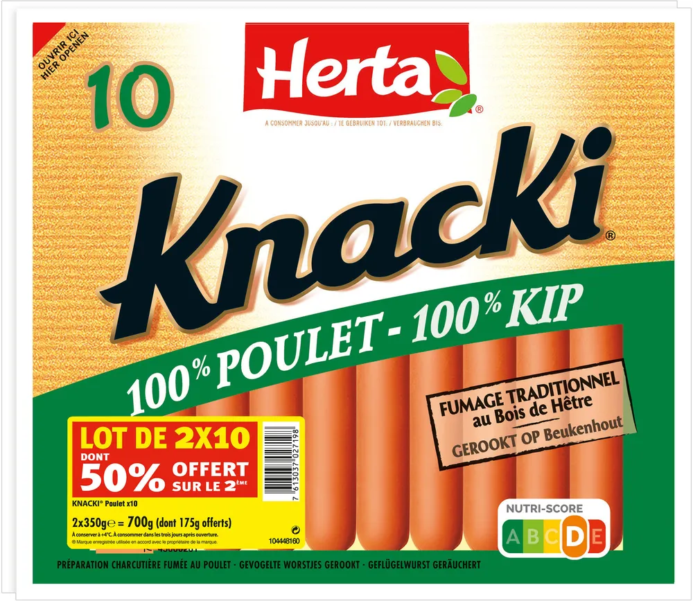 HERTA KNACKI Saucisses 100% Poulet x10 LOT 2 dt 50% OFFERT