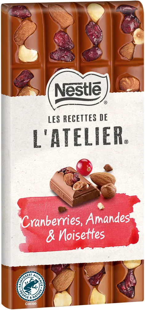 NESTLE L'ATELIER Tablette Chocolat lait cranberries amandes - 170g