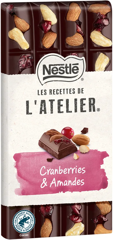 NESTLE L'ATELIER Tablette Chocolat noir cranberries amandes - 170g