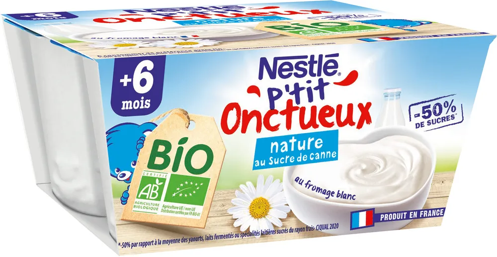 NESTLE P'TIT ONCTUEUX BIO Nature au Sucre de Canne 4x90g