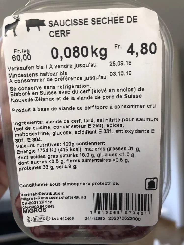 Saucisse séchée de s’cerf