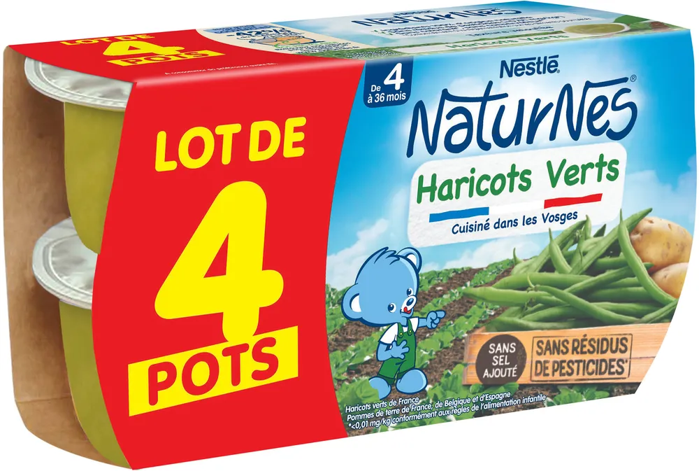 NESTLE NATURNES Petits pots bébé Haricot Vert - 4x130g - Dès 4/6 mois