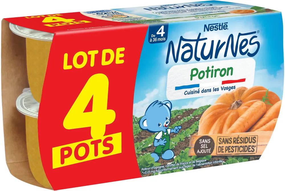 NESTLE NATURNES Petits pots bébé Potiron - 4x130g - Dès 4/6 mois