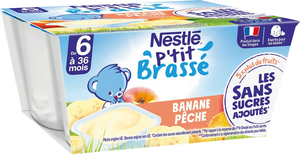 NESTLE P'TIT BRASSE Banane Pêche Sans Sucres Ajoutés 4x90g dès 6 mois